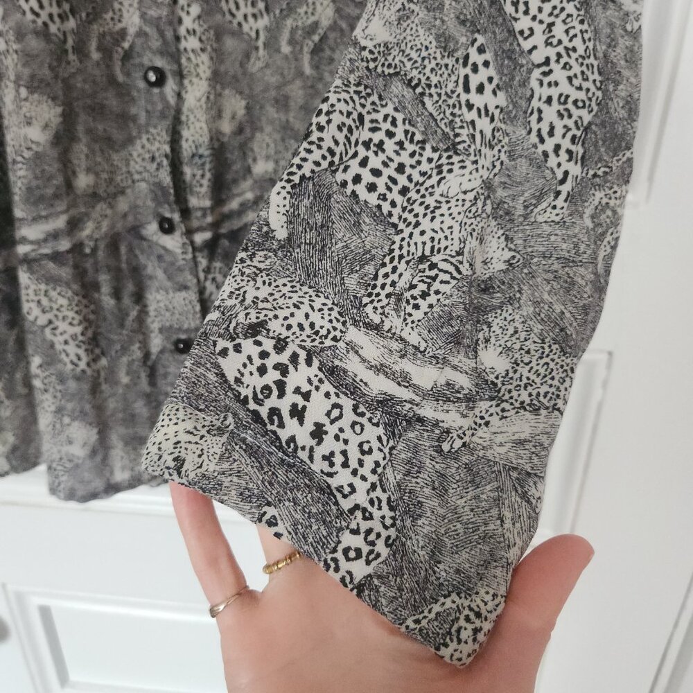 Vintage Literal Leopard Print Wool Blend Standing Collar Blouse - Picture 4 of 11